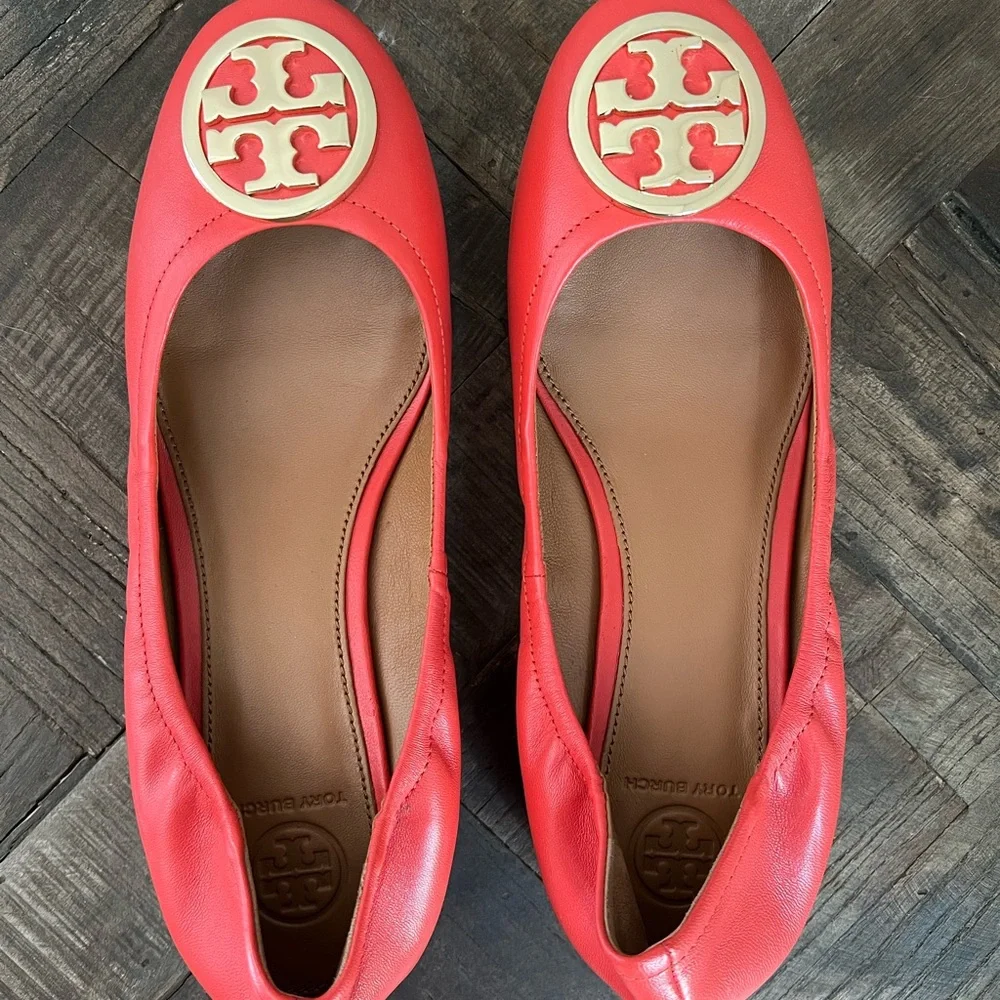 Tory Burch Coral Red Leather Logo Flats